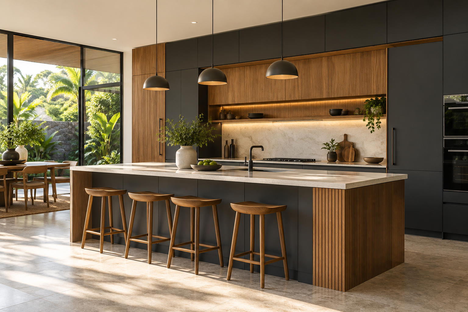 Inspiration d’une cuisine contemporaine mêlant bois, façades sombres et plan de travail clair