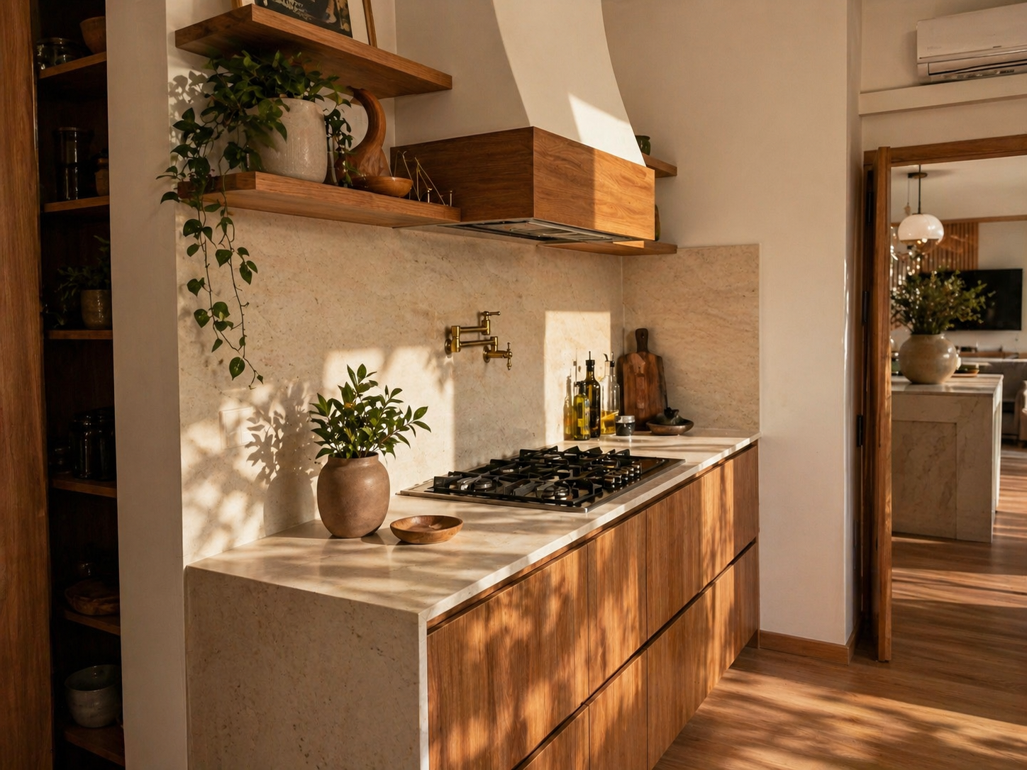 Grease kitchen aux Hameaux : espace cuisson, hotte et façades bois