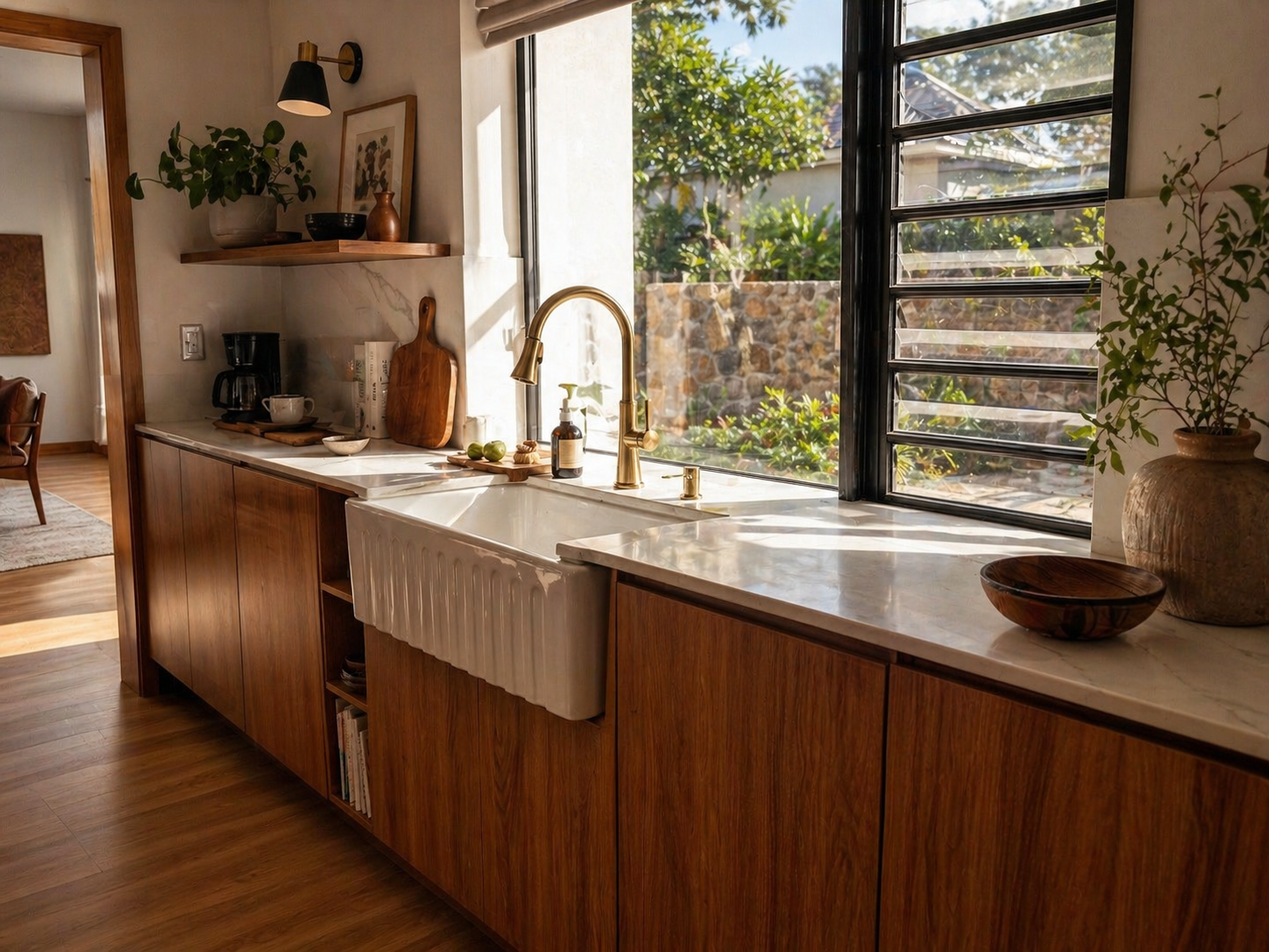 Grease kitchen aux Hameaux : évier blanc, robinet doré et rangements bois sous la fenêtre